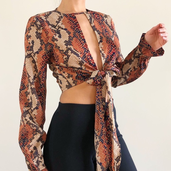 Boohoo Tops - Snake print, orange and tan, crop top, long sleeve